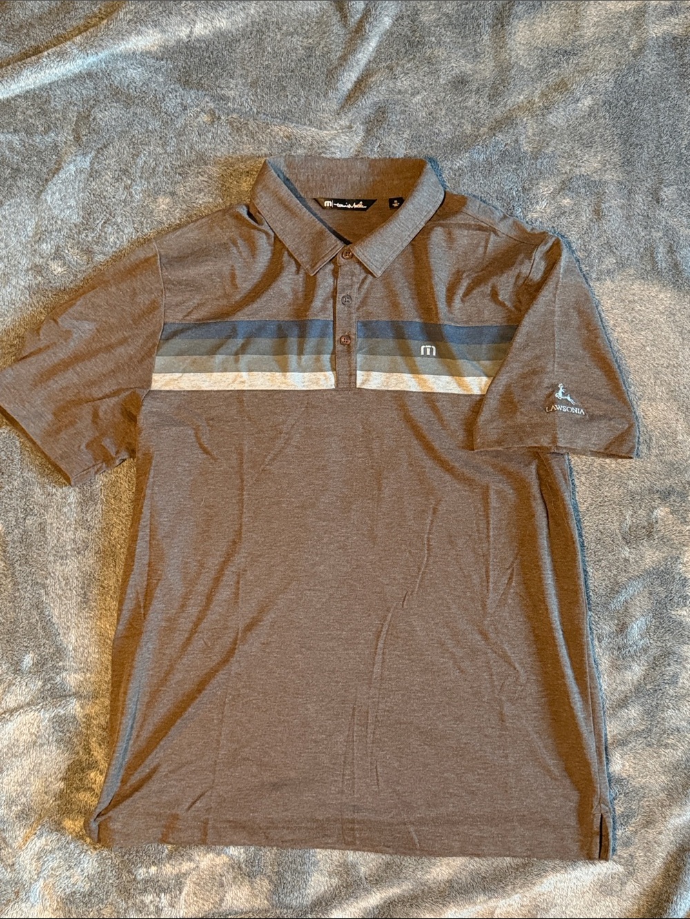 Travis Mathew Brown Polo with Blue and Cream Stripes